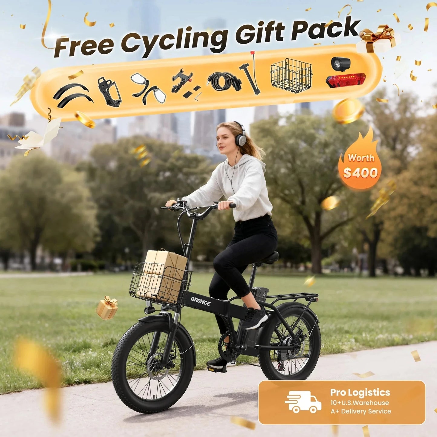 QRONGE Waterfall Folding Electric Bike 1000W Peak 48V