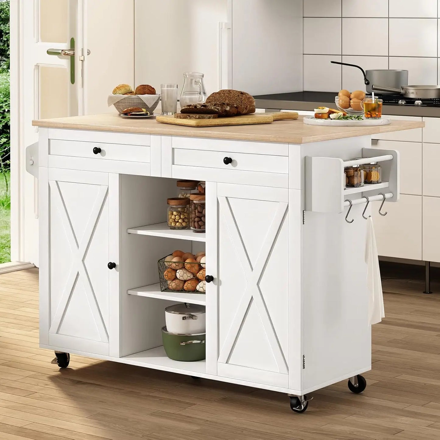 Mobile Kitchen Island On Wheels With Drop Leaf Countertop Barn Door