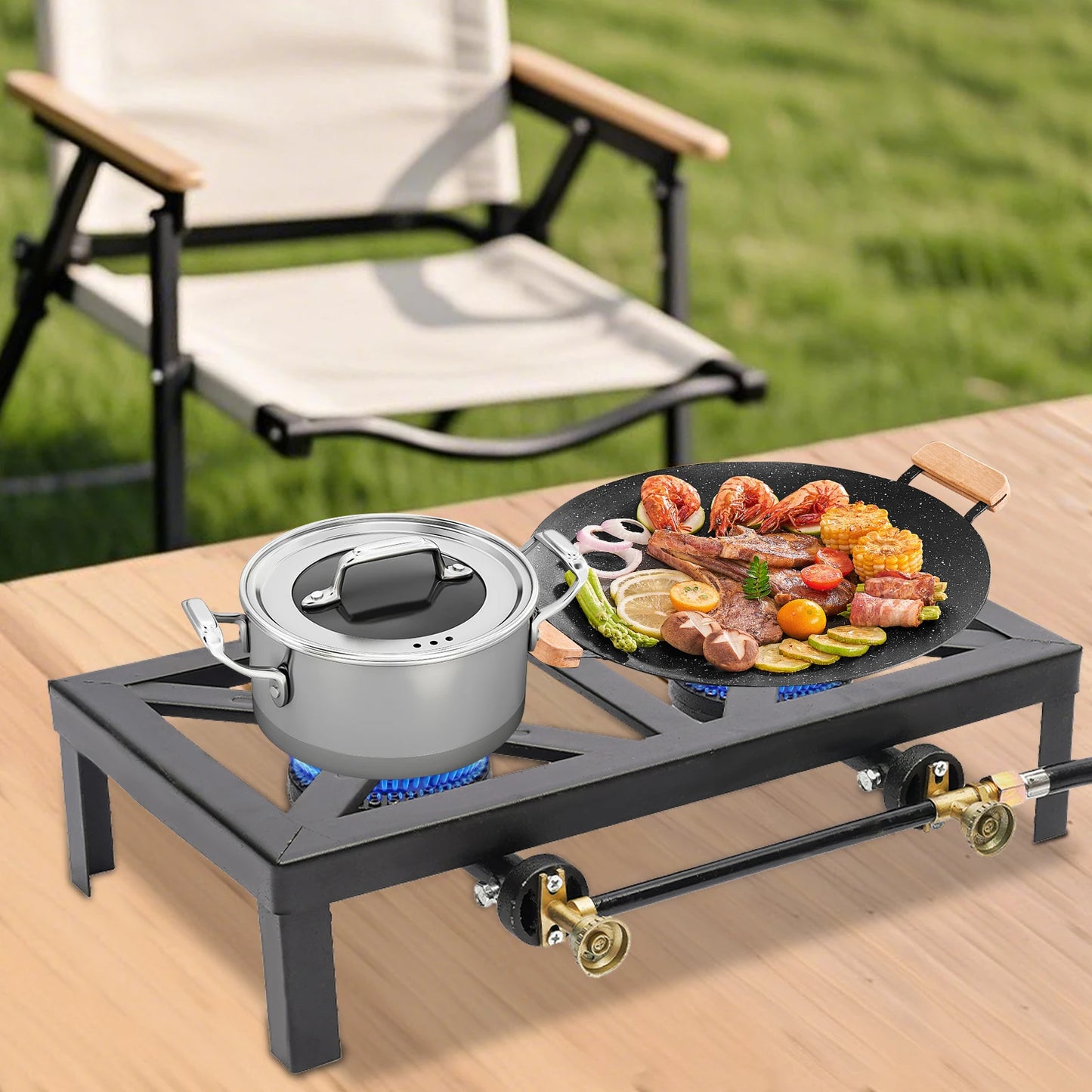Portable Outdoor Double Burner Gas Stove With Adjustable Regulator Hose