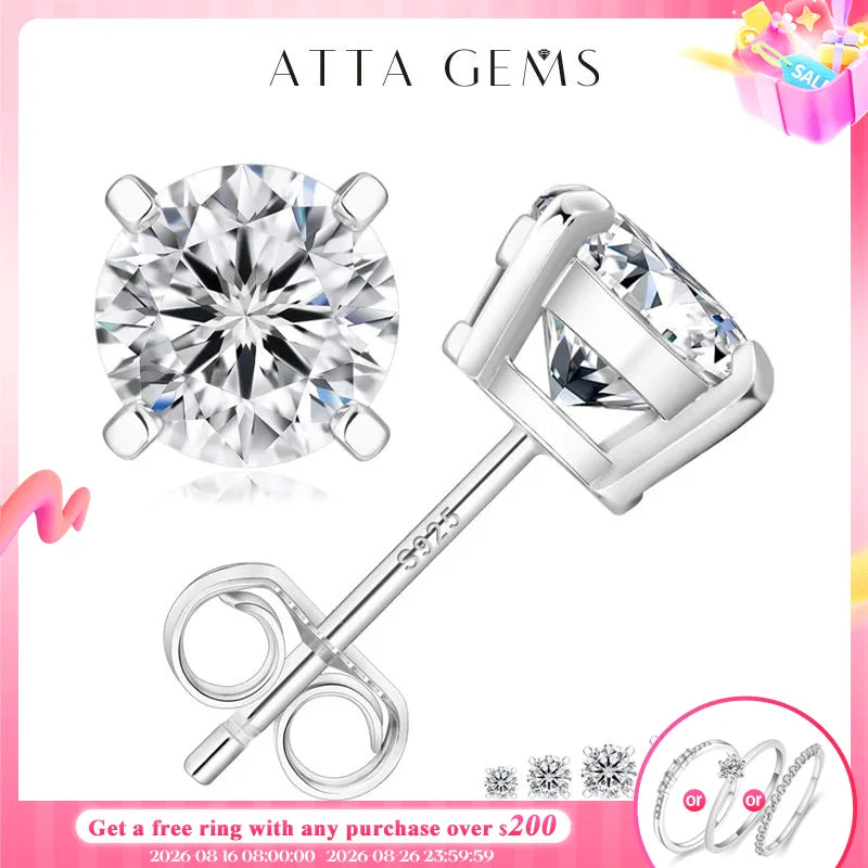 Attagems VVS1 Moissanite Four Claw Sterling Silver Stud Earrings