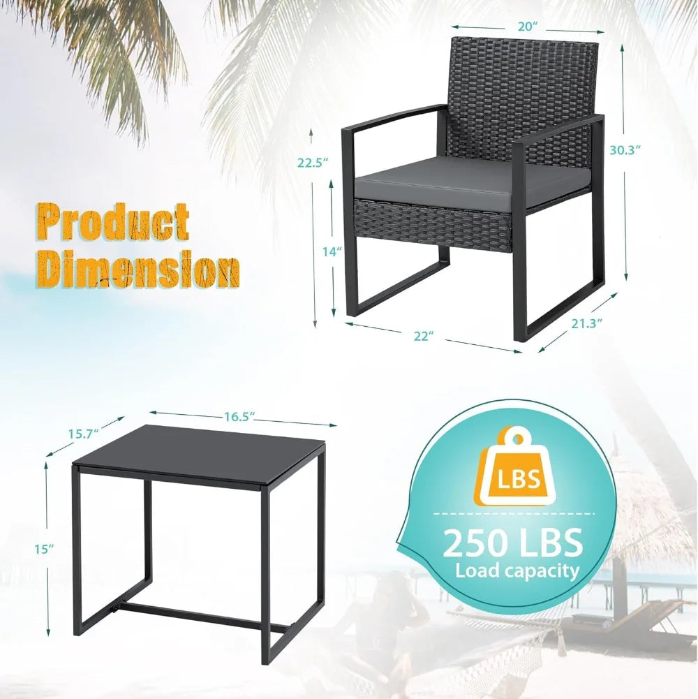 Outdoor 3Piece Wicker Patio Furniture Set With Glass Coffee Table