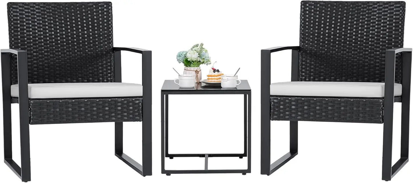 Outdoor 3Piece Wicker Patio Furniture Set With Glass Coffee Table