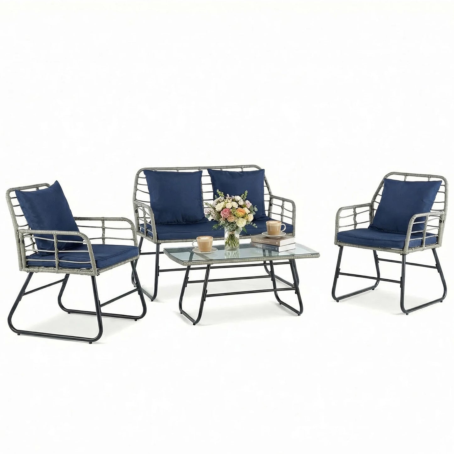 Outdoor Wicker Patio Set 4 Pieces With Soft Cushions