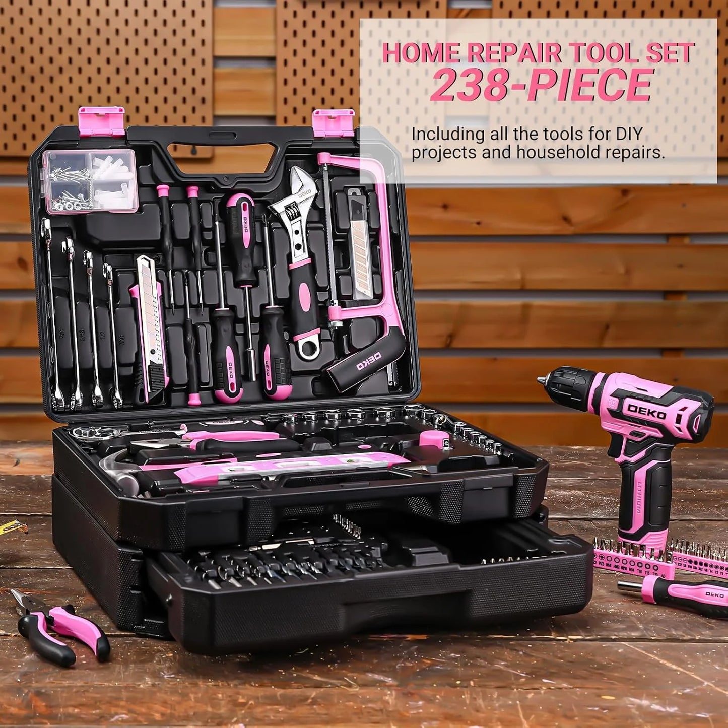 DEKO Home Mechanic Toolbox With 12V Cordless Drill And Organizer