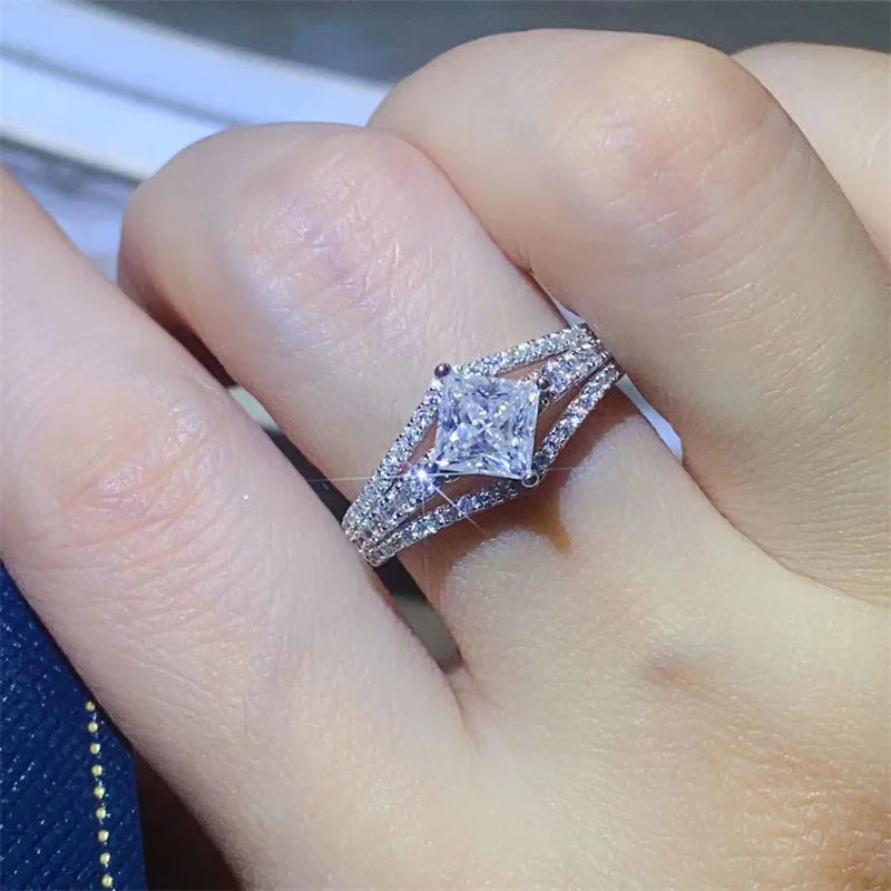 Princess Square Moissanite Engagement Ring Gold Plated Wedding Jewelry