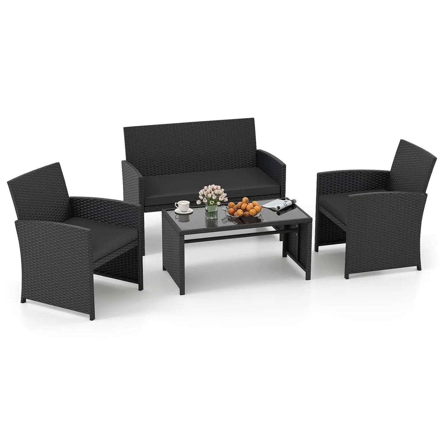 Patio Wicker Furniture Set With Cushioned Chairs And Glass Table