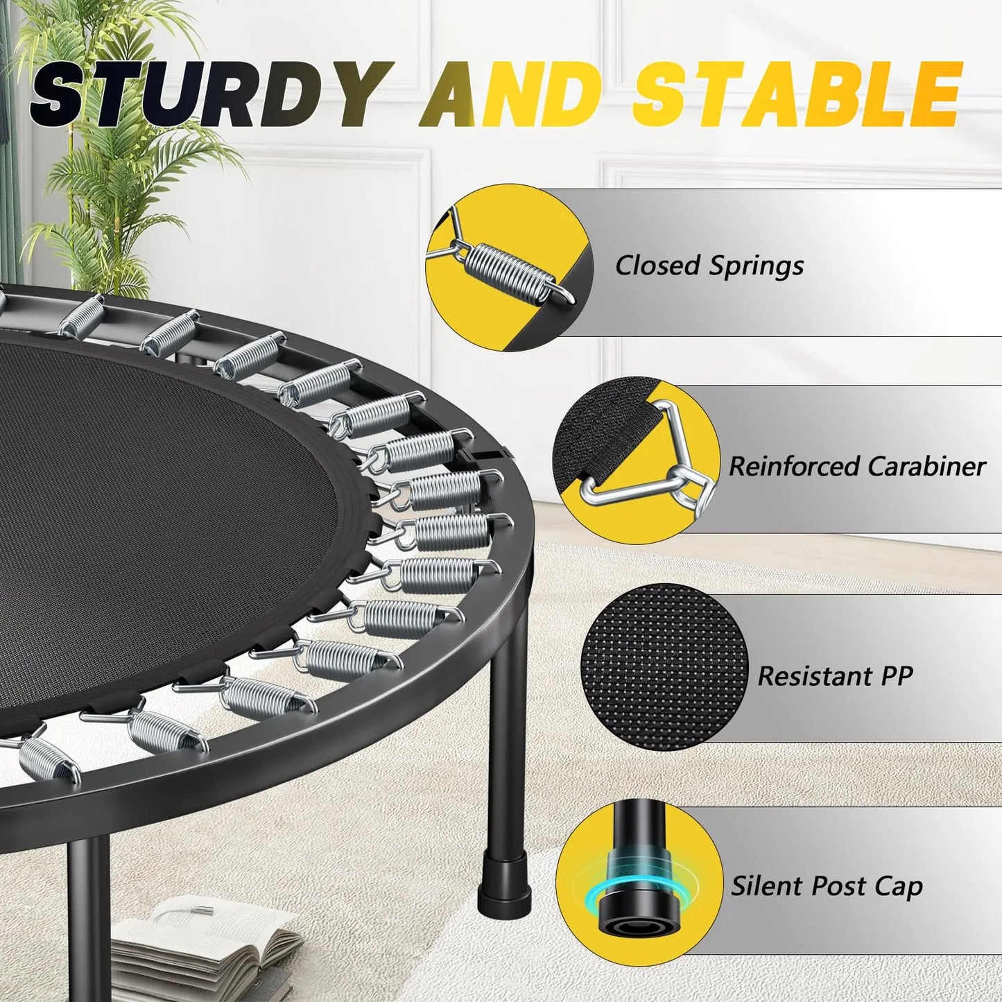 Foldable Rebounder Trampoline With Adjustable U Bar Handle For Adults