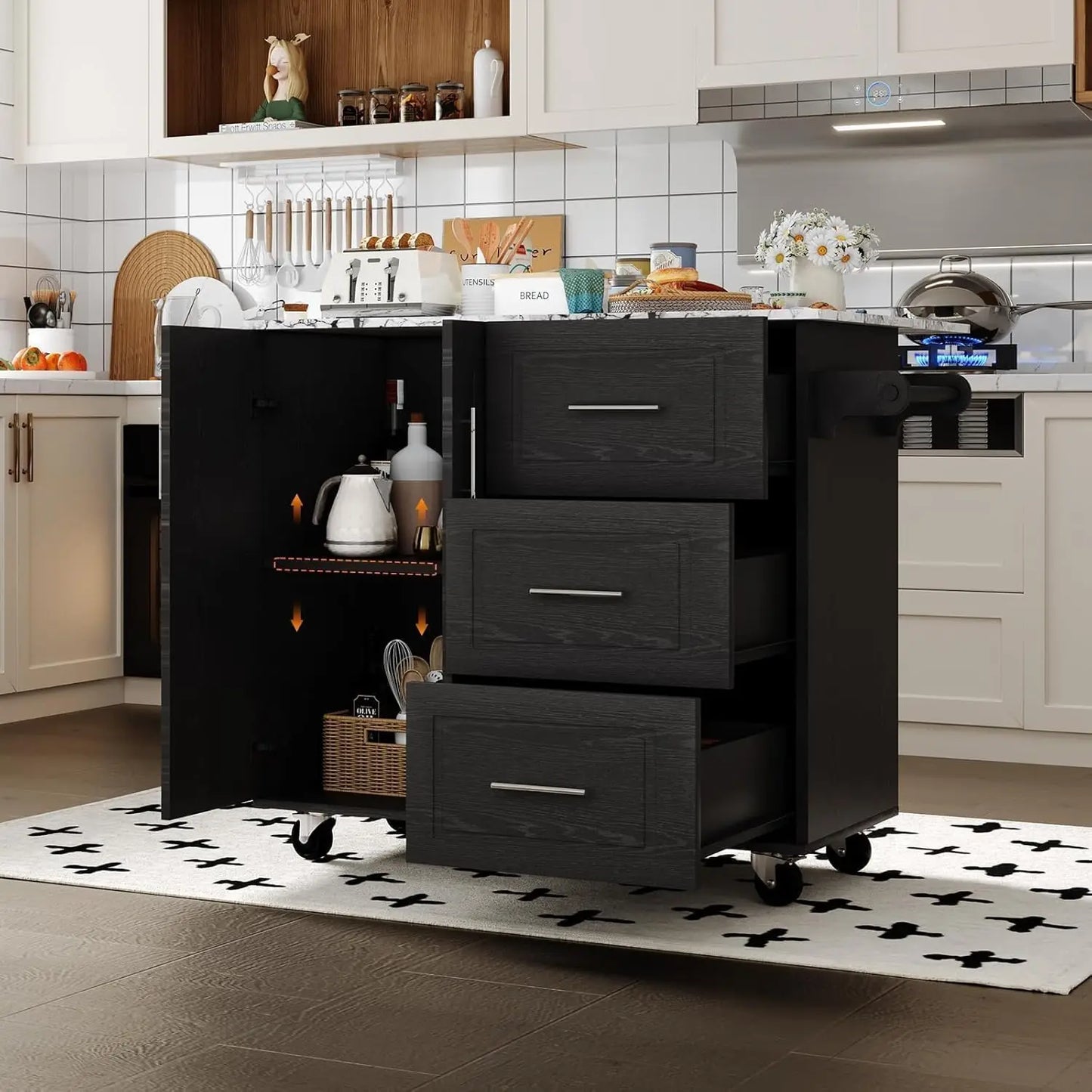 Kitchen Island On Wheels With Storage And Towel Rack