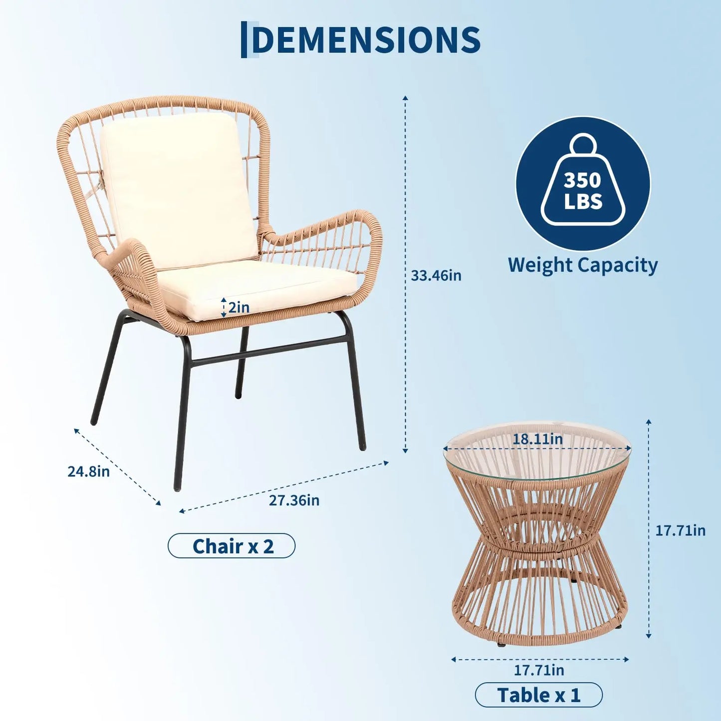 HobbyLane Boho 3-Piece Outdoor Patio Rattan Set With Cushioned Chairs