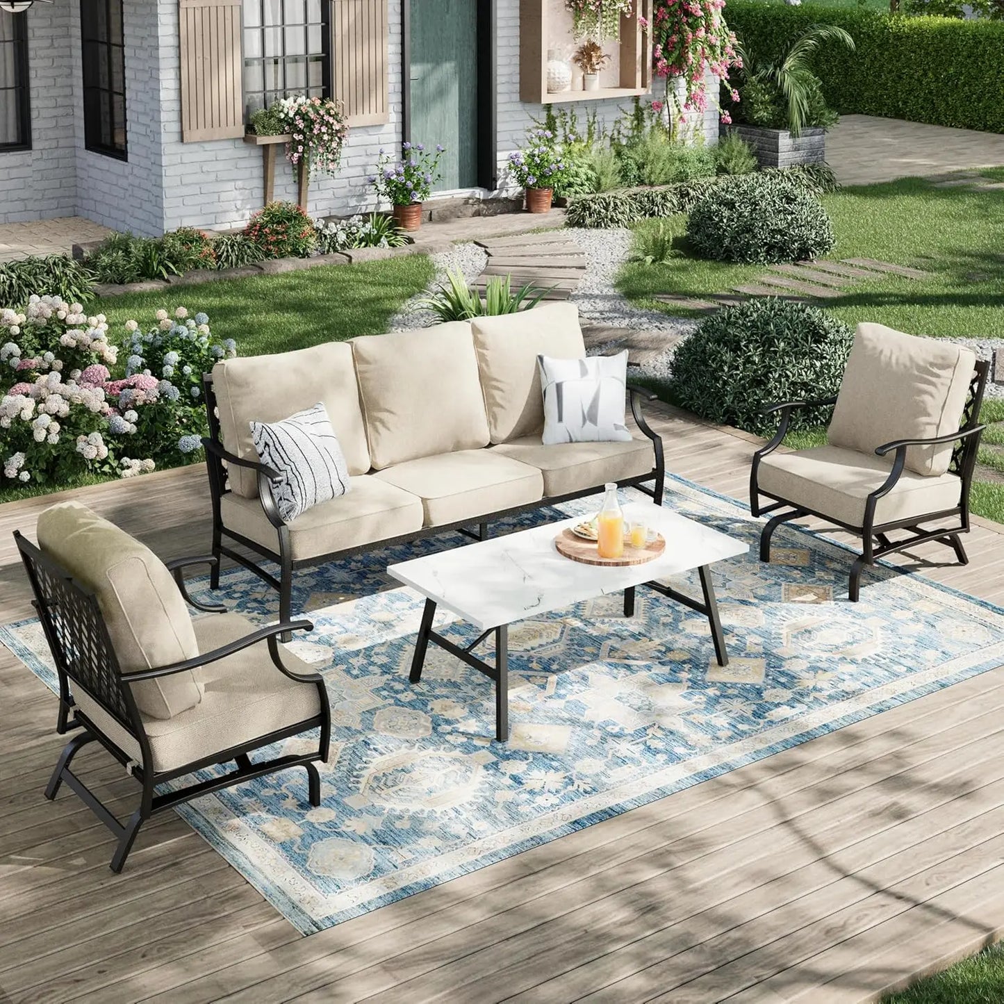 Patio Furniture Set 4-Piece Outdoor Metal Includes Sofa Swivel Chairs