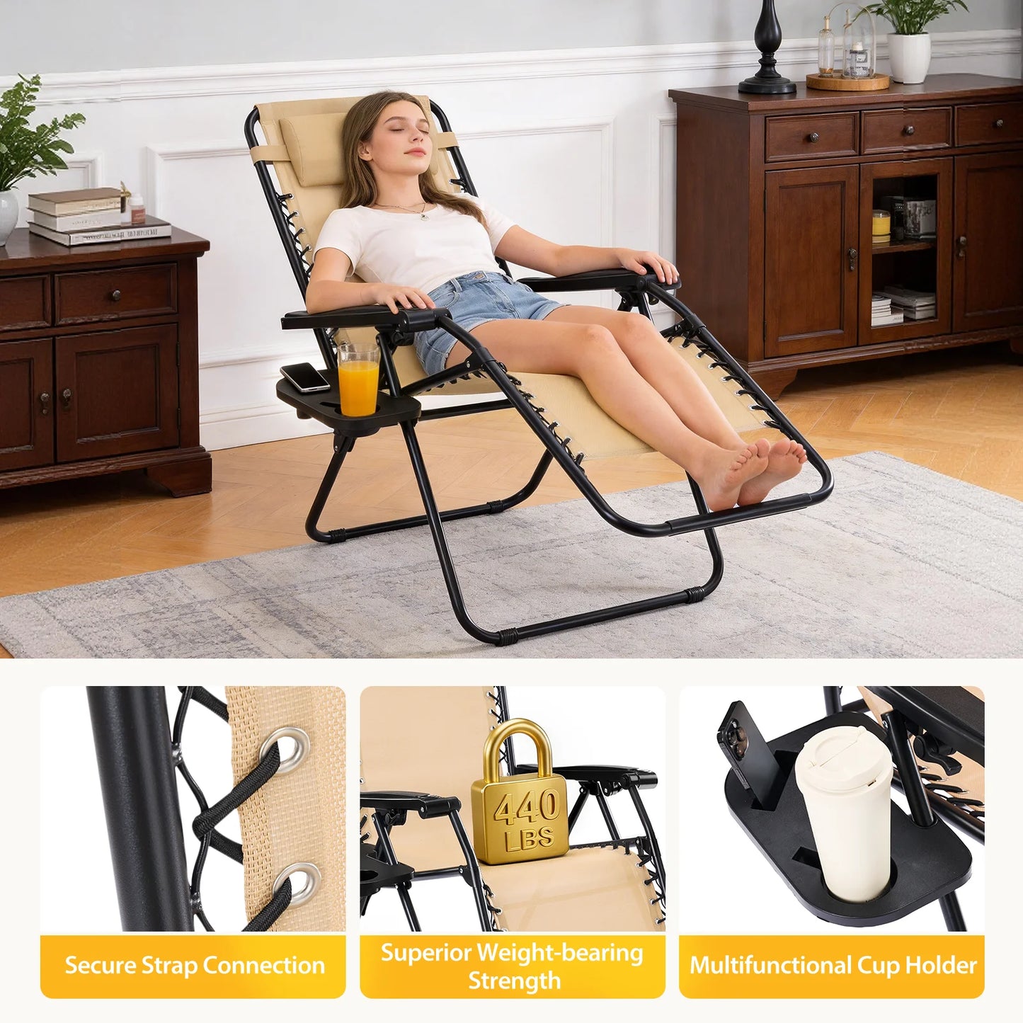 JHK Portable Zero Gravity Recliner Chairs With Cup Holder Trays