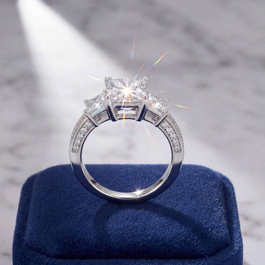 Lyee Cyee Princess Cut Three Stone Moissanite Silver Ring
