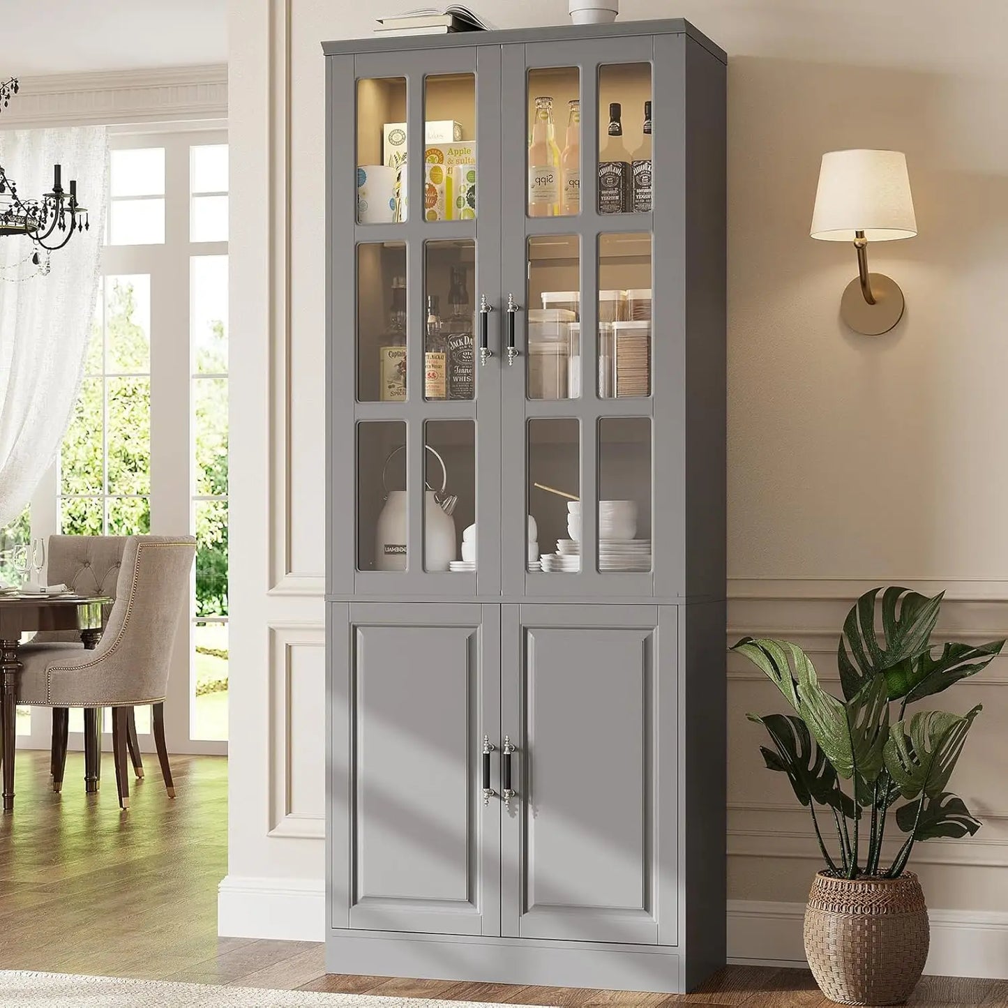 GUANGBAI Kitchen Pantry Storage Cabinet With LED Lights Glass Doors