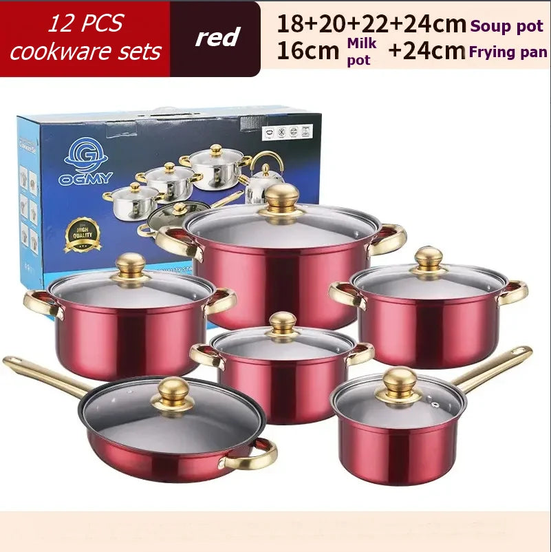 12PCS Stainless Steel Colored Cookware Set Milk Pot Pan Frying Pot Kitchenware Non-stick Pan Gold-plated Handle Soup Pot
