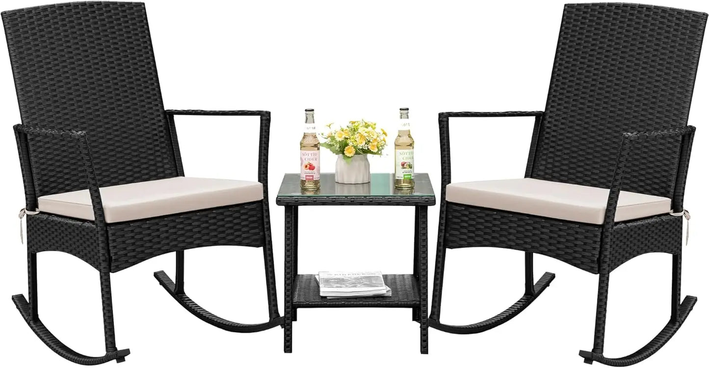 Outdoor PE Rattan Rocking Chair With Glass Table Patio Set