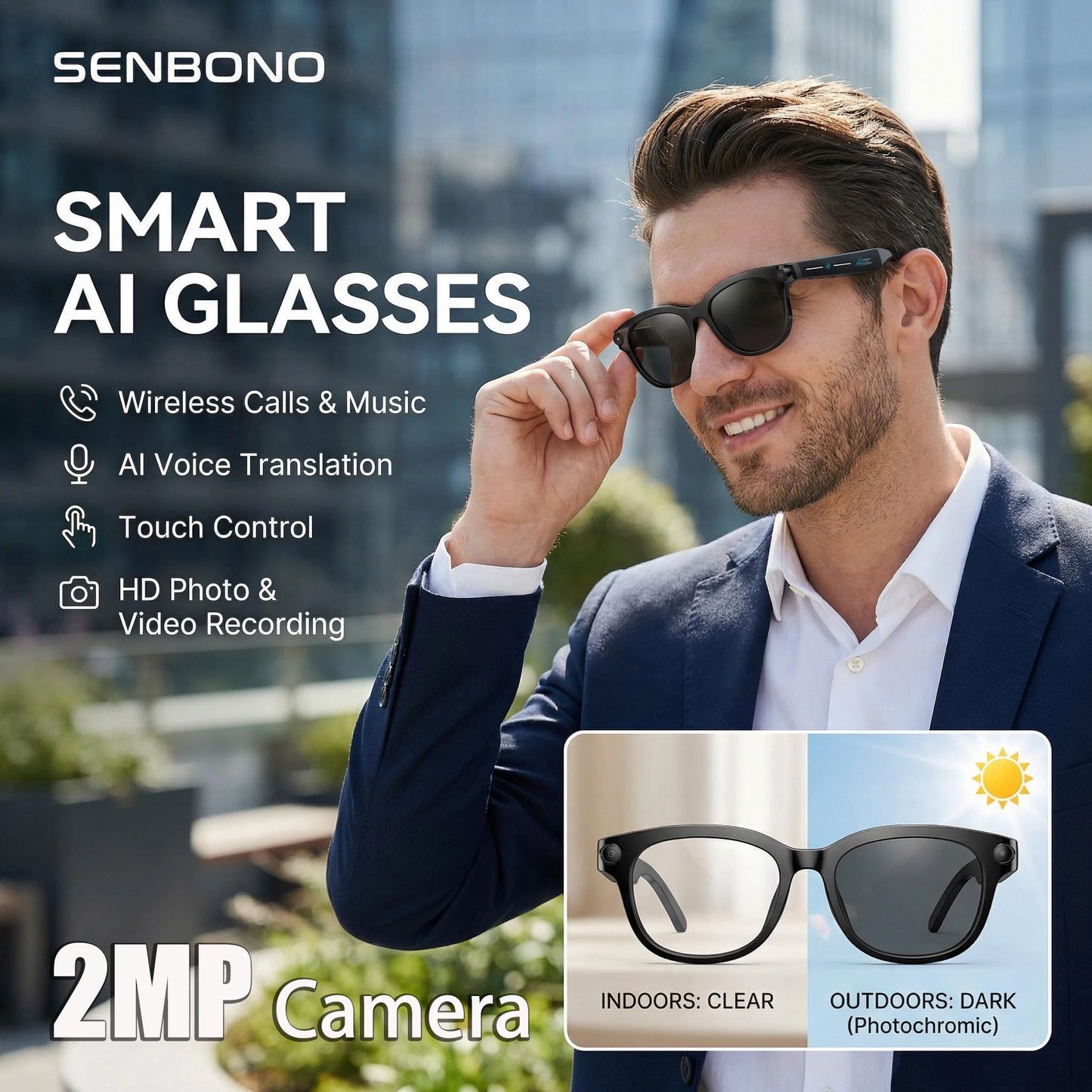 Senbono AI Smart Glasses With Camera, AI Voice Translation