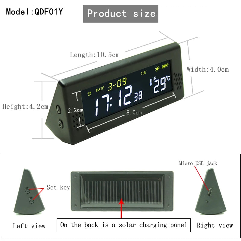 YLSER Front Windshield Solar Car Clock With Time Temperature