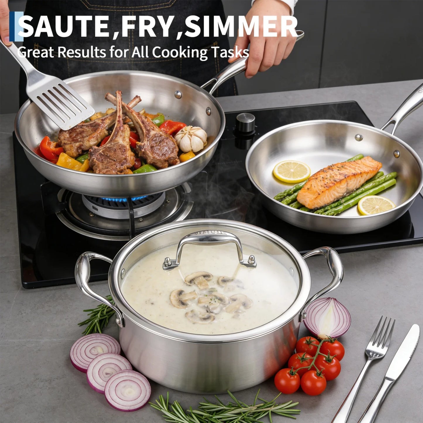 HiMISS 3 Ply Stainless Steel Cookware Set With Lids