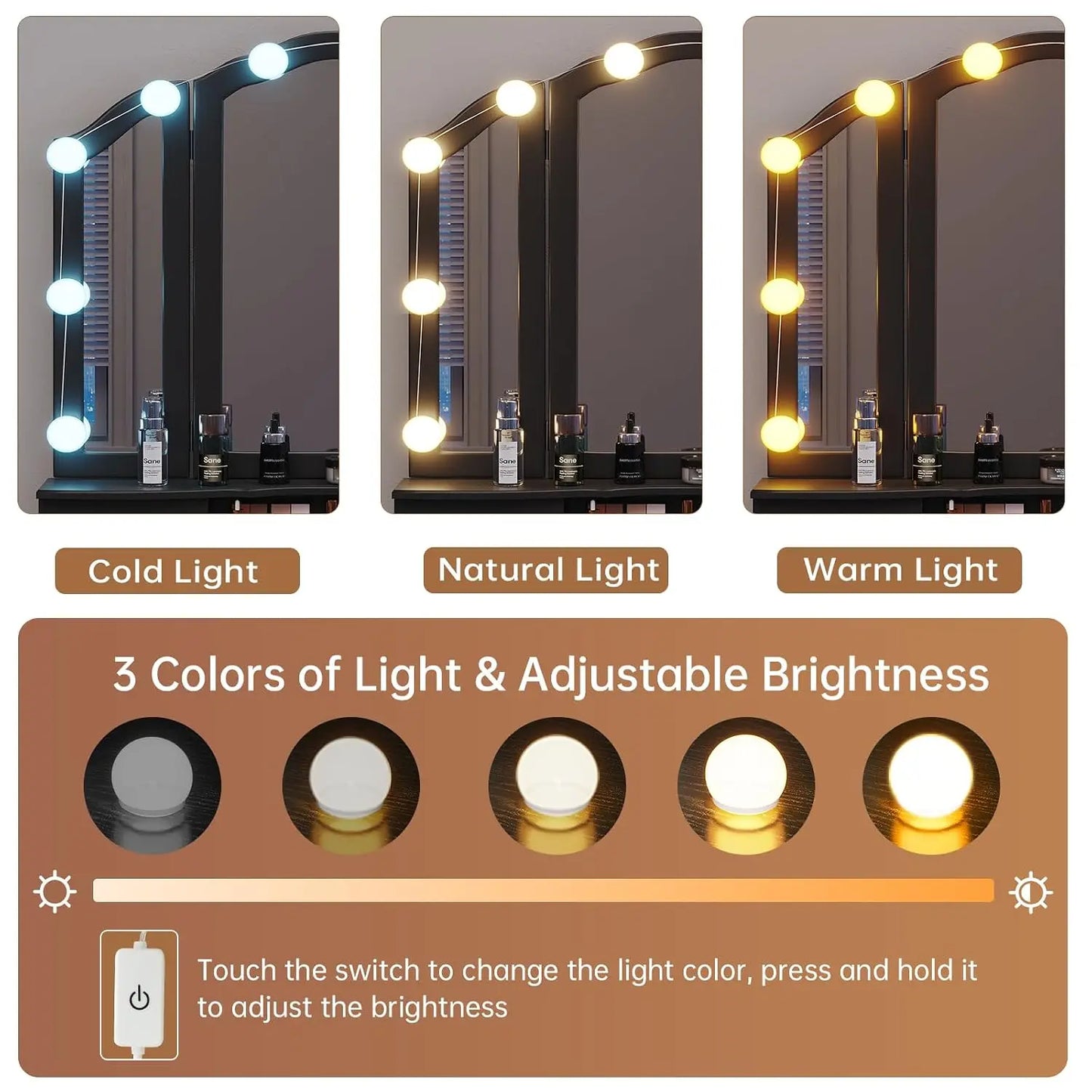 Makeup Vanity With Lights Tri Folding Mirror 10 Bulbs 3 Color Modes 5 Drawers