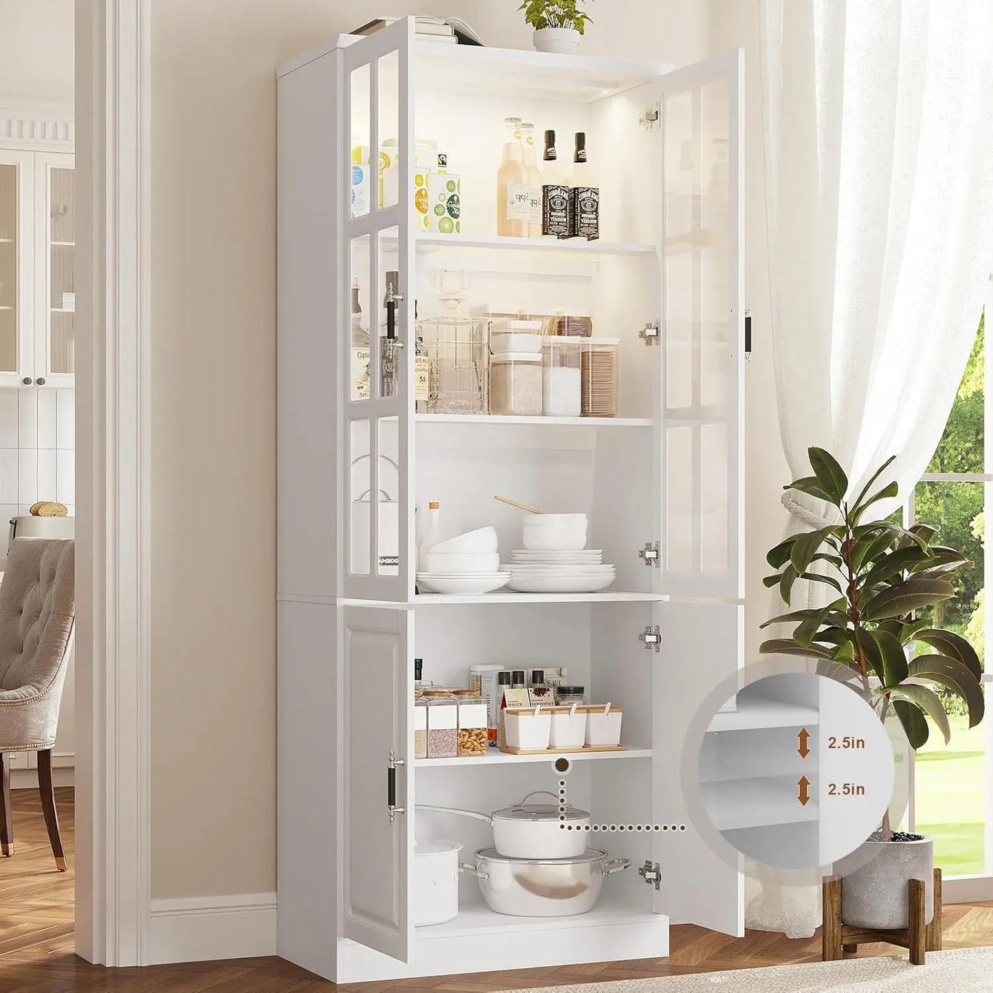 GUANGBAI Kitchen Pantry Storage Cabinet With LED Lights Glass Doors