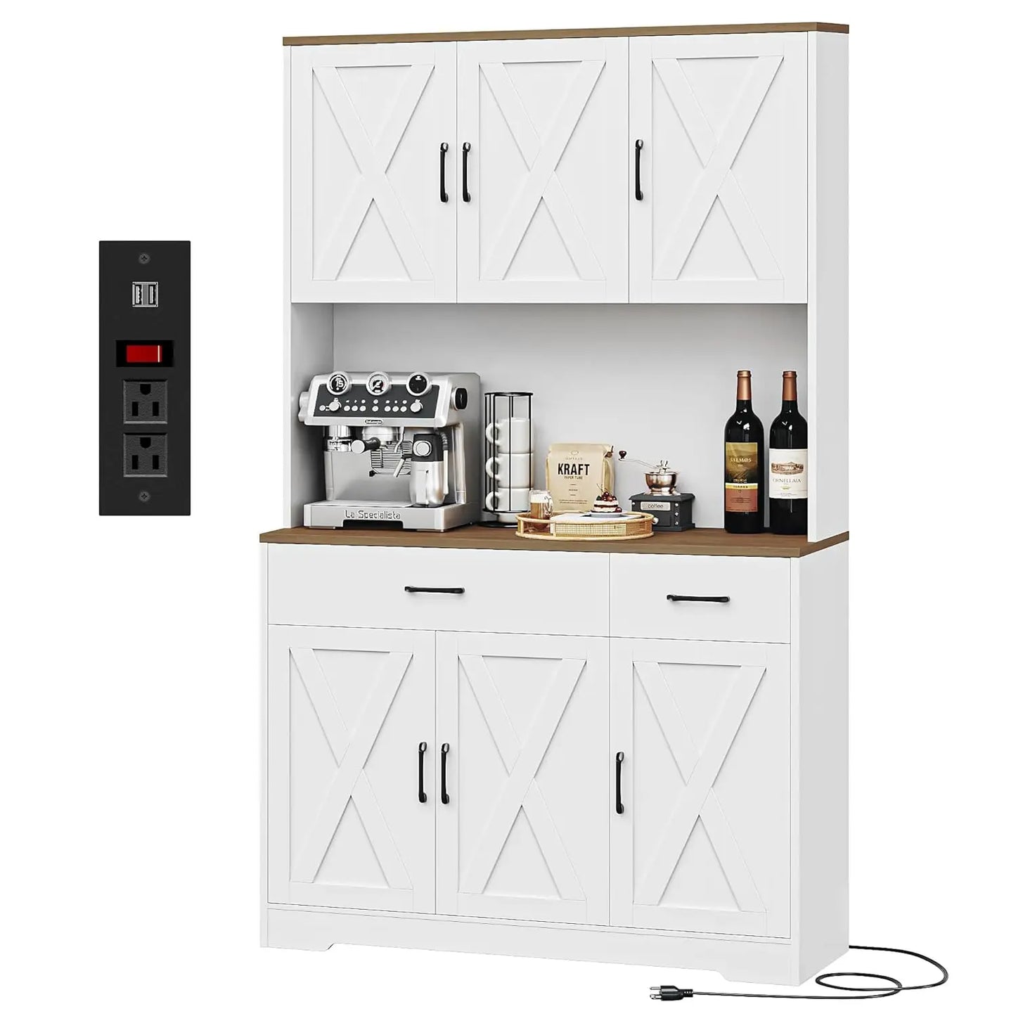 Chengwei Pantry Cabinet With Charging Station Farmhouse Style