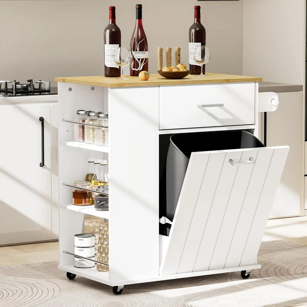 Rolling Kitchen Island On Wheels With Trash Bin Storage And Racks