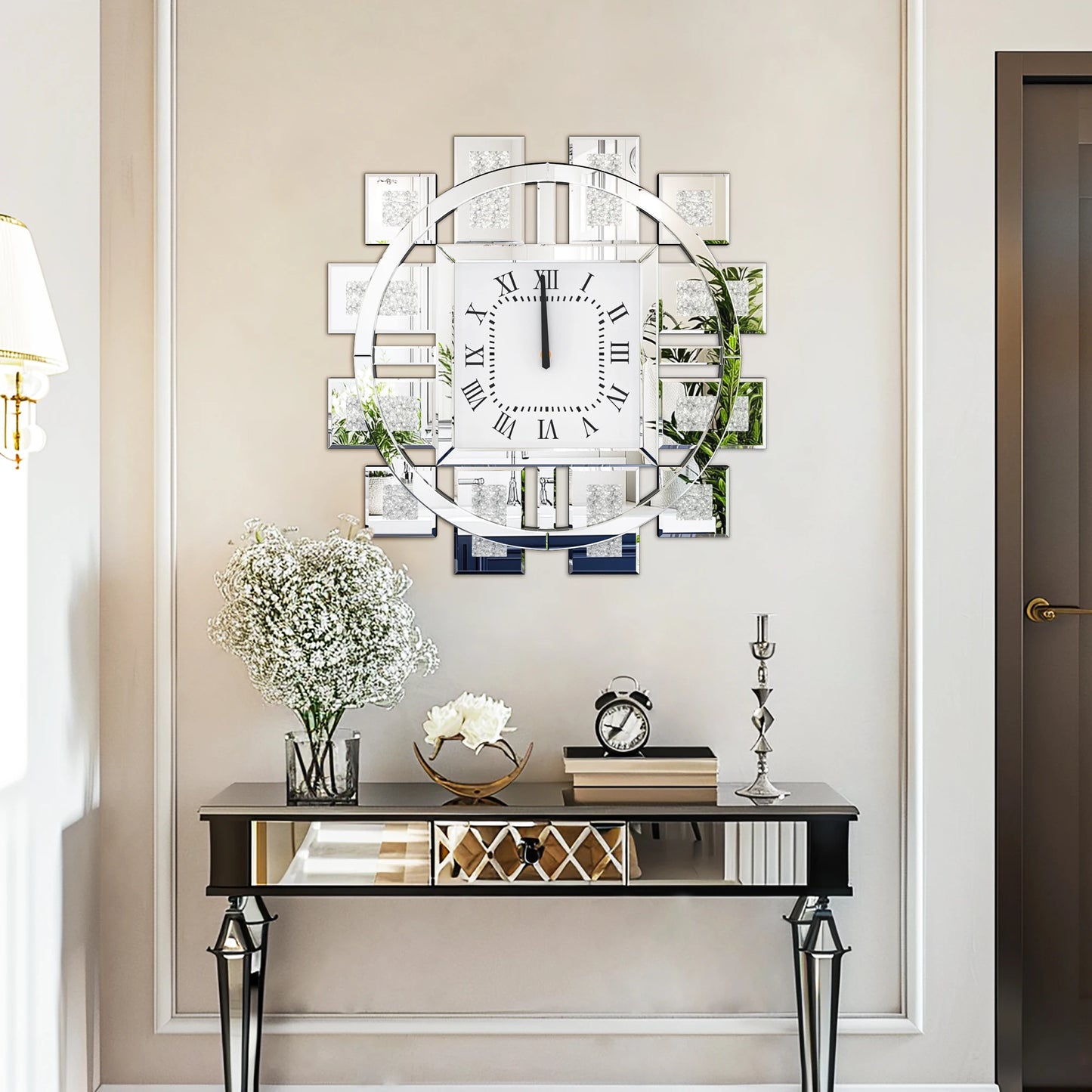 Crush Diamond Mirrored Wall Clock Quartz Roman Numerals Living Room