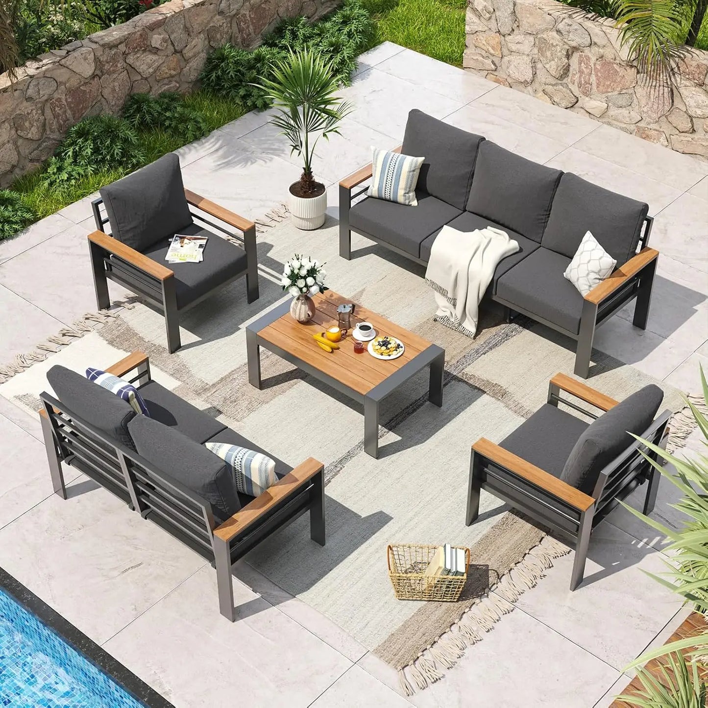 Aluminum Patio Furniture Set 7 Seats Outdoor Sectional with Cushions