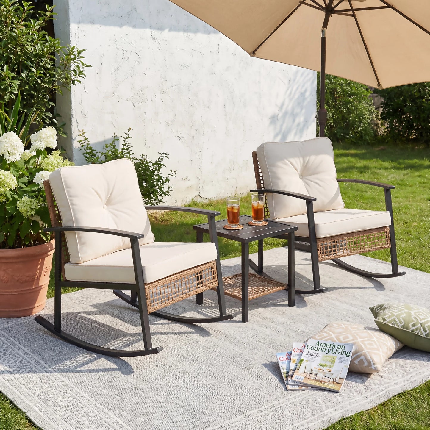 PIYRQ Rattan Rocking Chair Set Outdoor Patio Glider