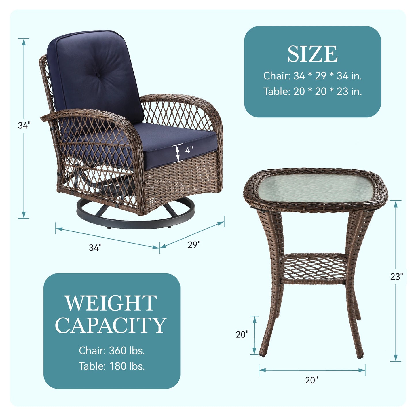 Outdoor Rotating Rocking Chair Patio Set with Padded Cushions