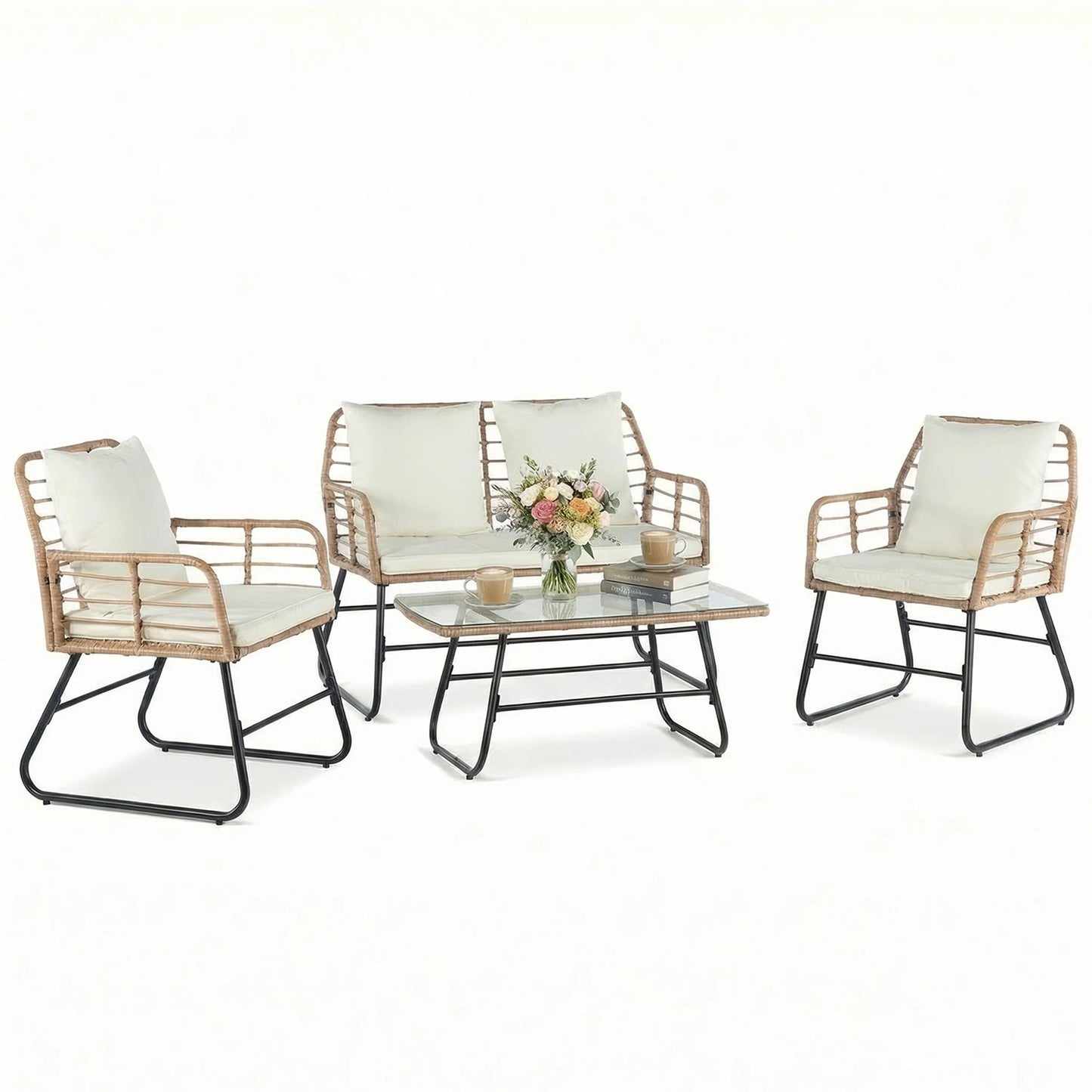 Outdoor Wicker Patio Set 4 Pieces With Soft Cushions