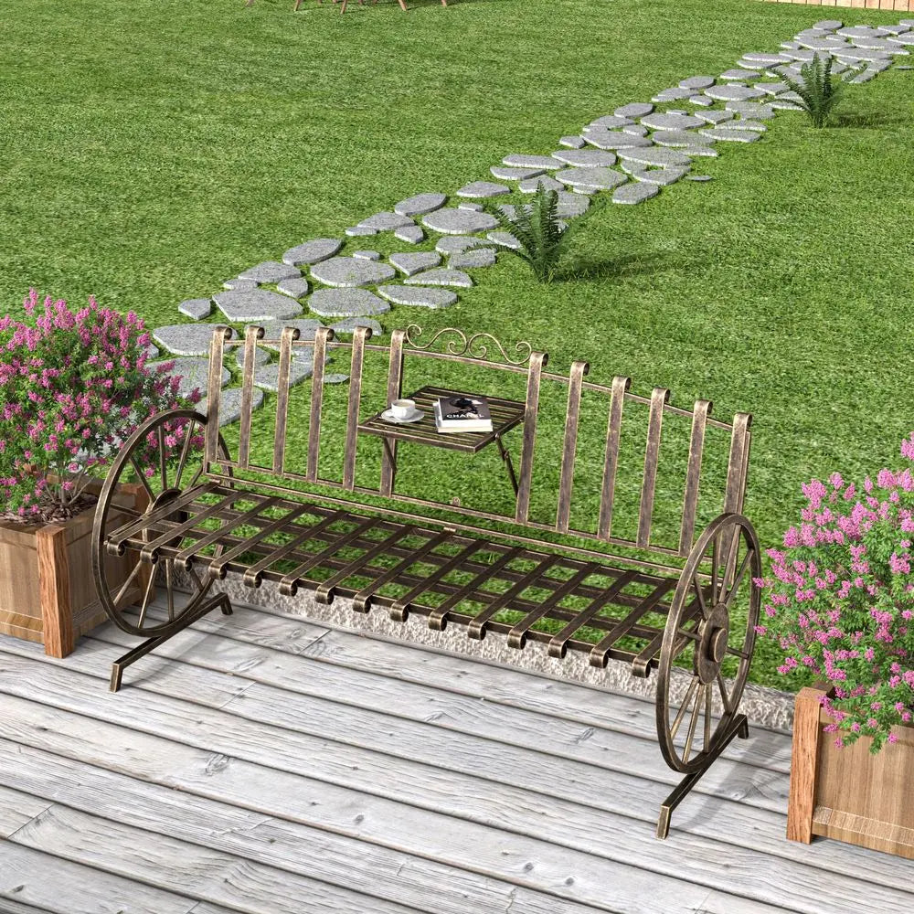 Patio Garden Bench With Builtin Table And Wagon Wheel Arms