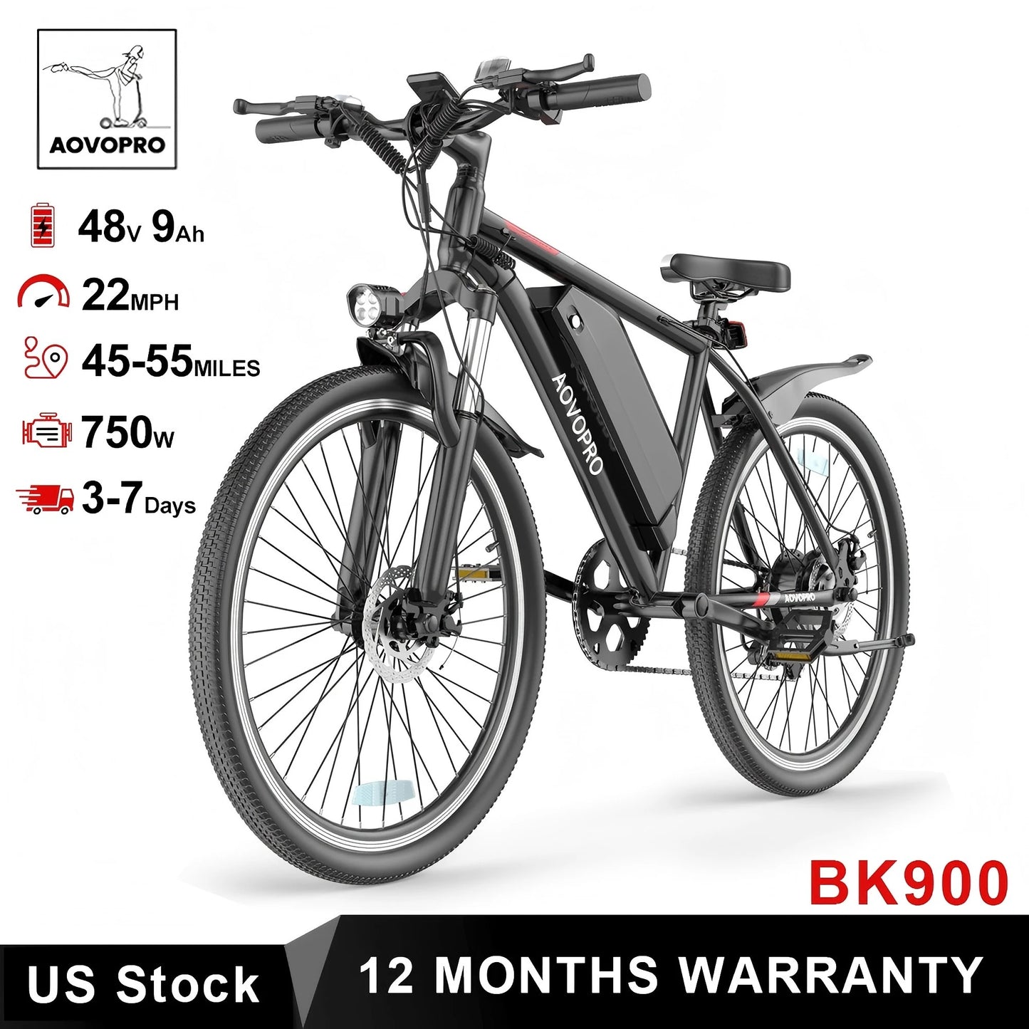 AOVOPRO BK520 Electric Bicycle With 750W Motor And 48V Battery