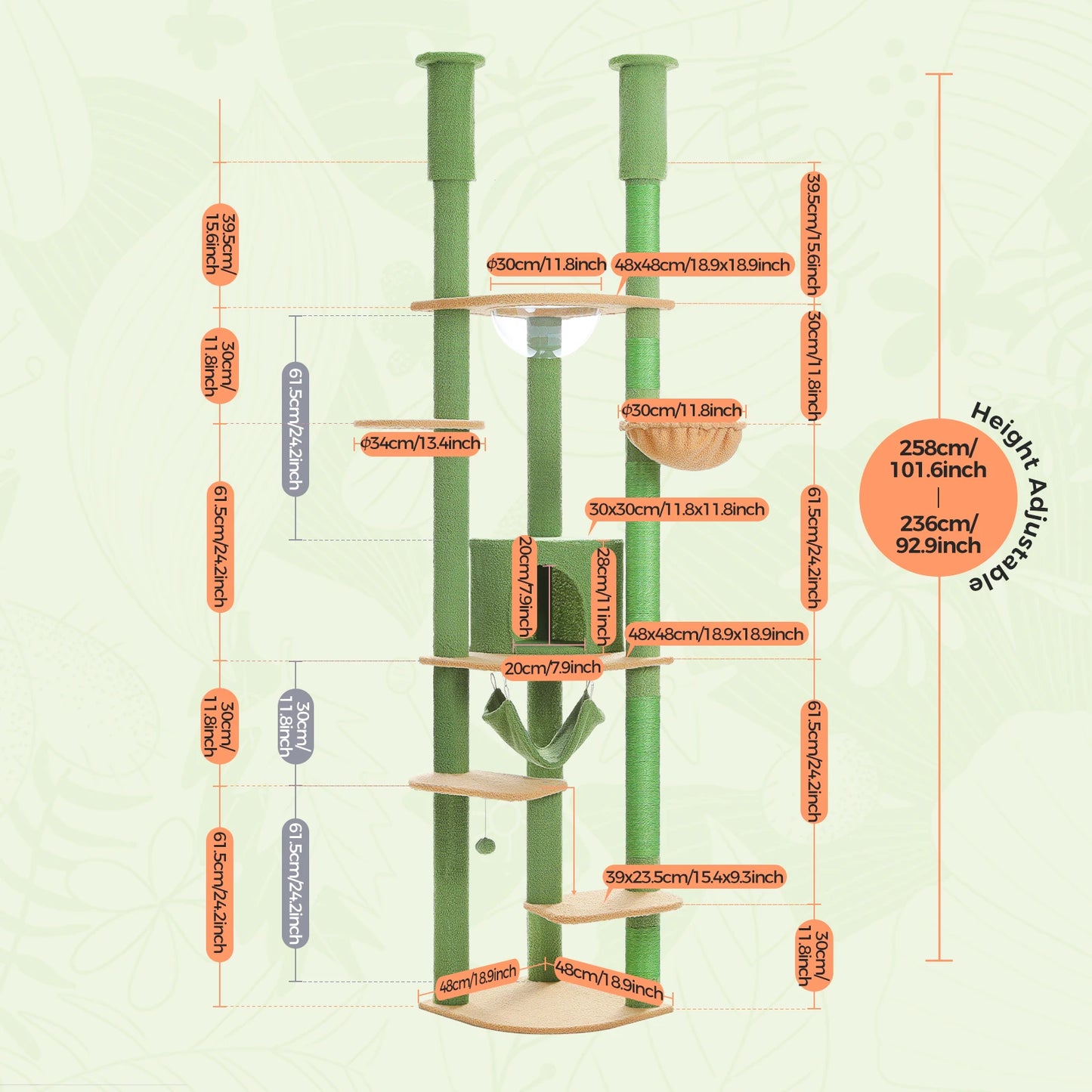 PAWZ Road Floor-To-Ceiling Cat Tree With Sisal Scratching Posts