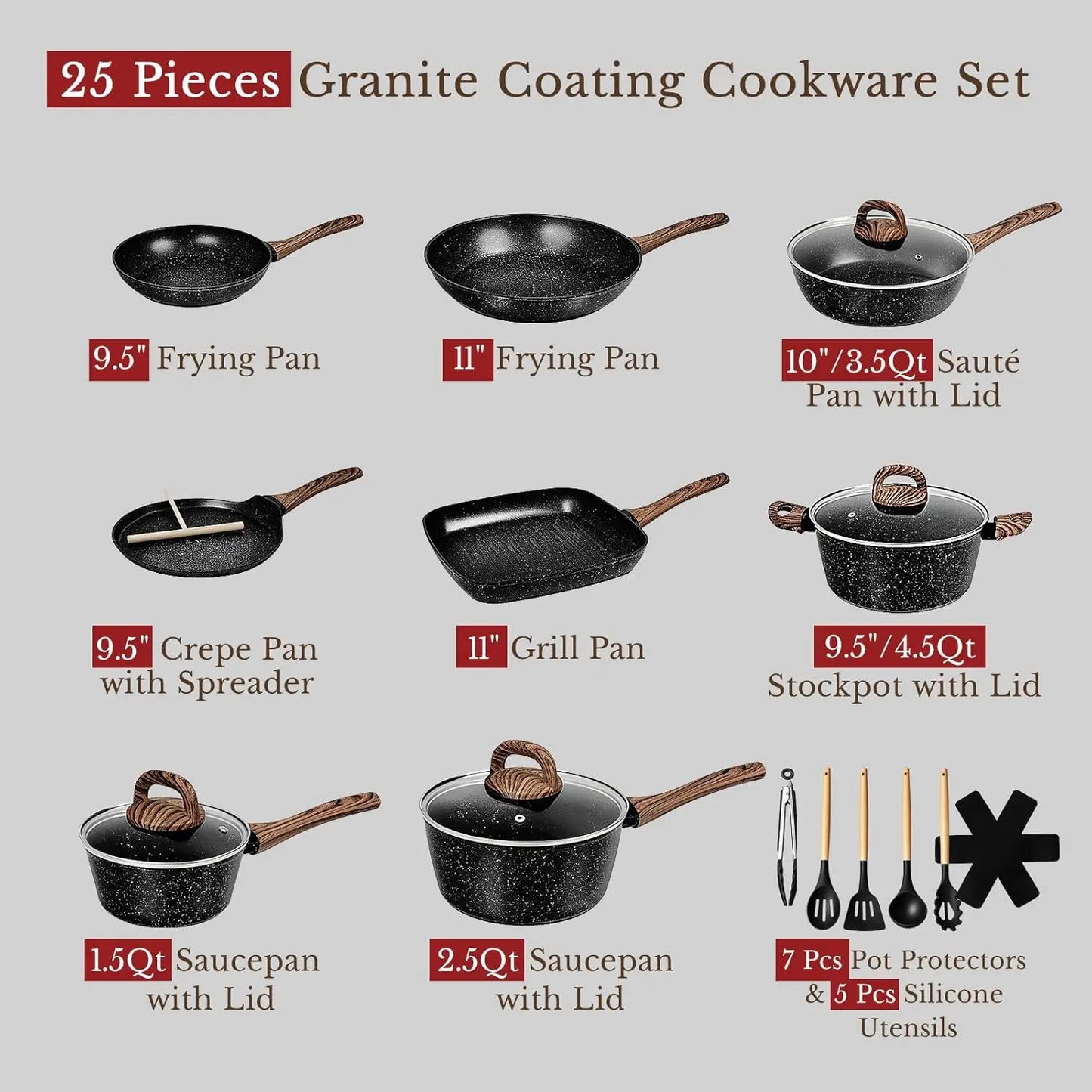 25-Piece Nonstick Ceramic Cookware Set Induction Compatible PFAS Free