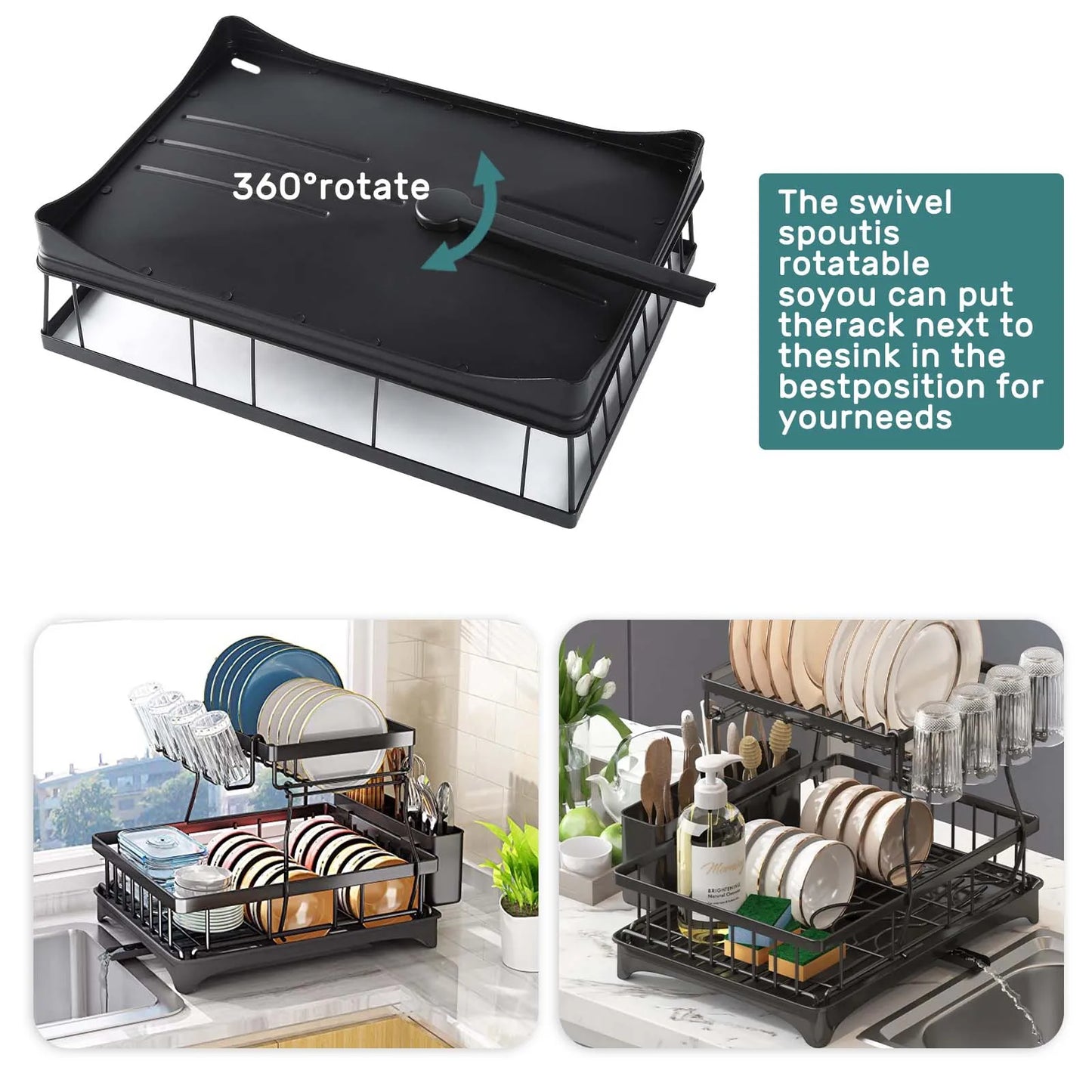 Two Tier Dish Drying Rack For Kitchen Countertop Durable