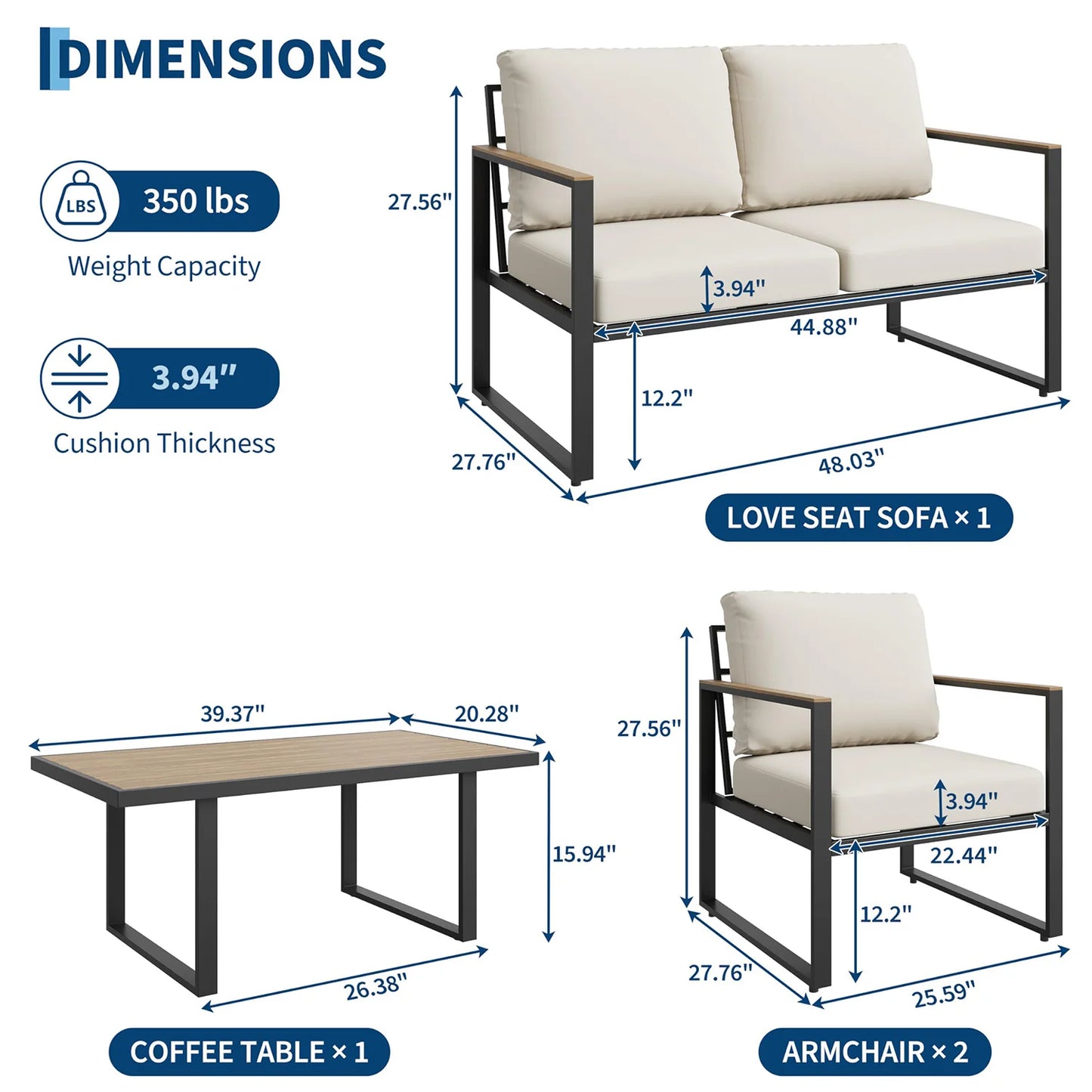HobbyLane Modern Outdoor 4 Piece Patio Furniture Set With Sofa
