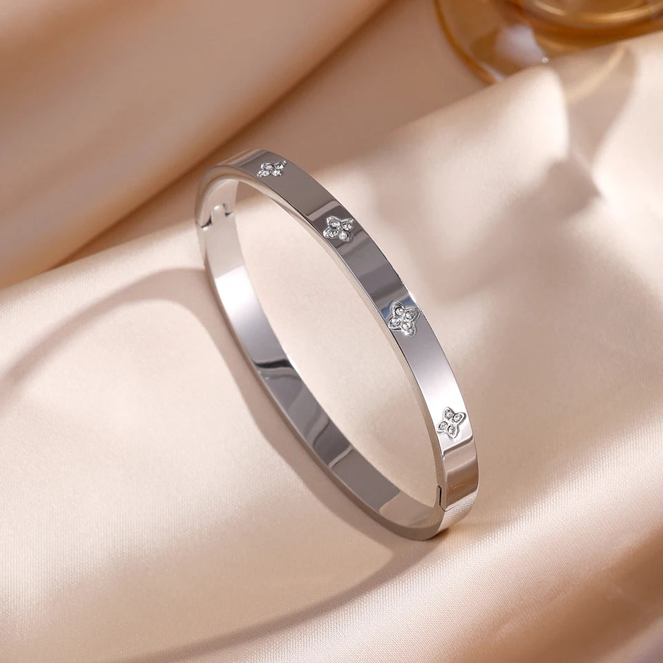 Sparkling Zirconia Inlaid Stainless Steel Stackable Bracelet Set For Women