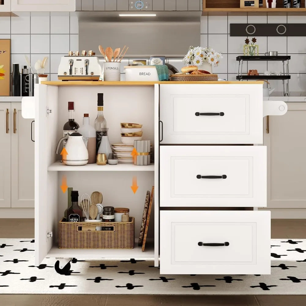 Kitchen Island On Wheels With Storage And Towel Rack