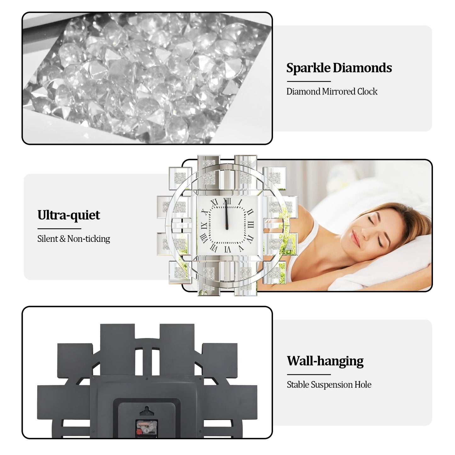 Crush Diamond Mirrored Wall Clock Quartz Roman Numerals Living Room