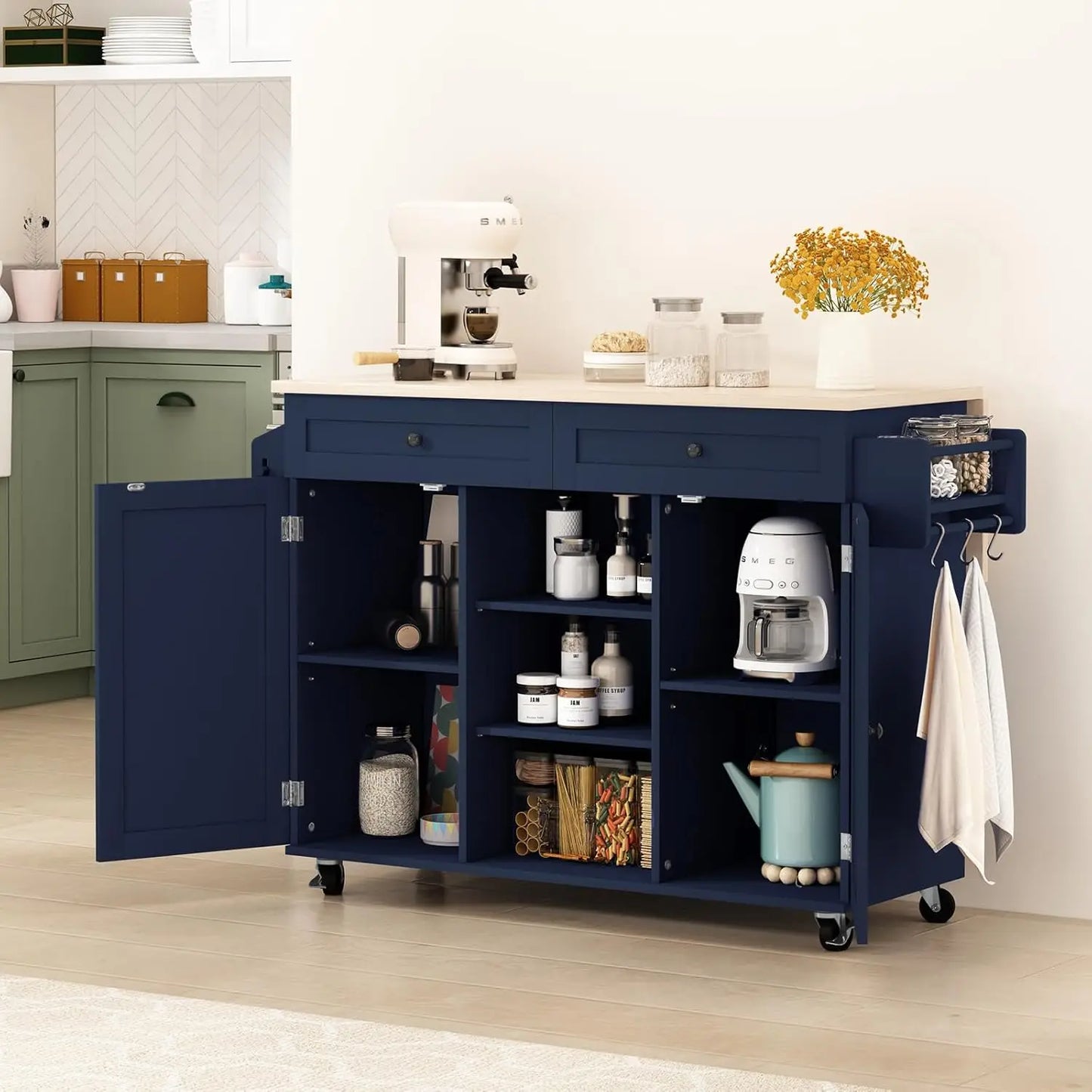 Mobile Kitchen Island On Wheels With Drop Leaf Countertop Barn Door