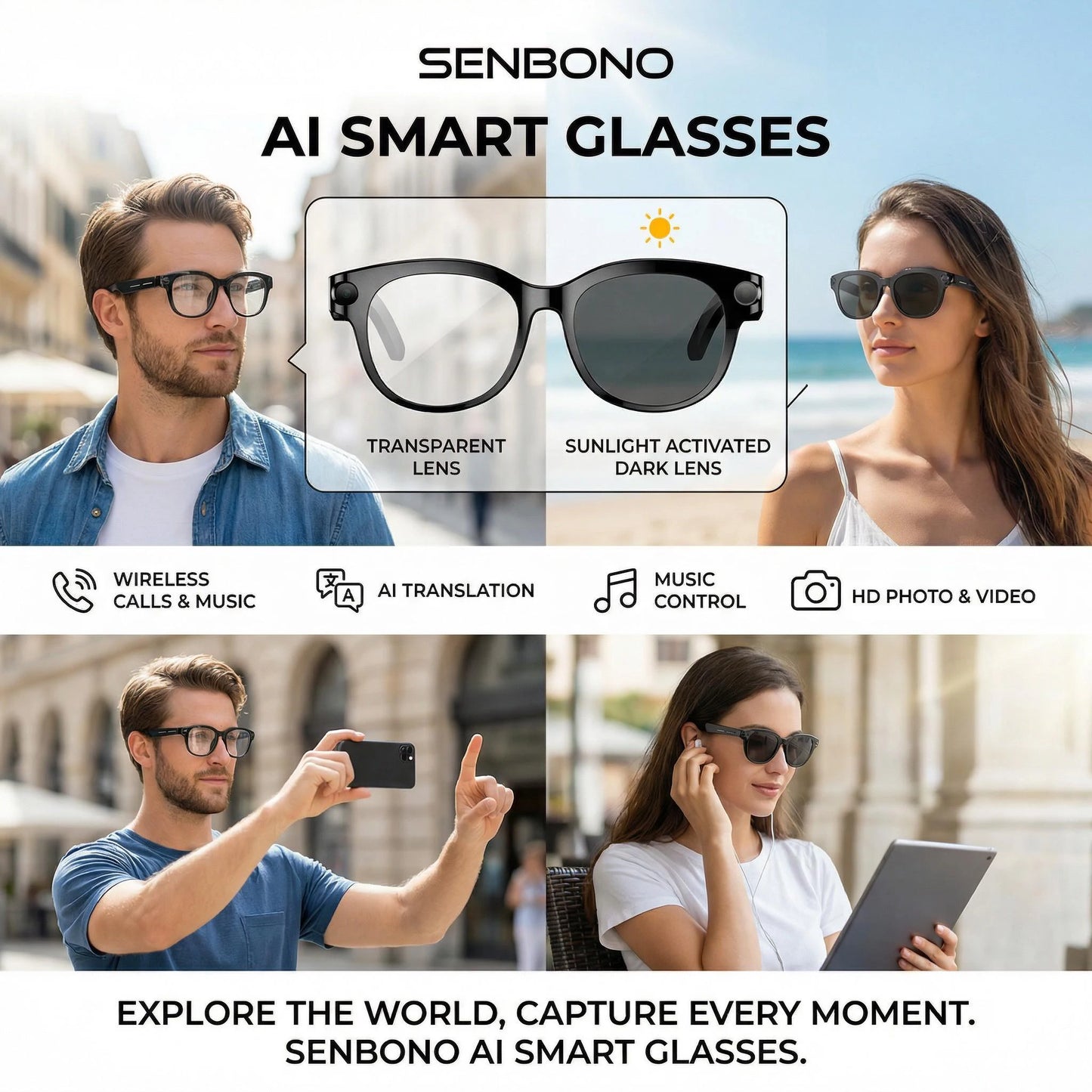 Senbono AI Smart Glasses With Camera, AI Voice Translation