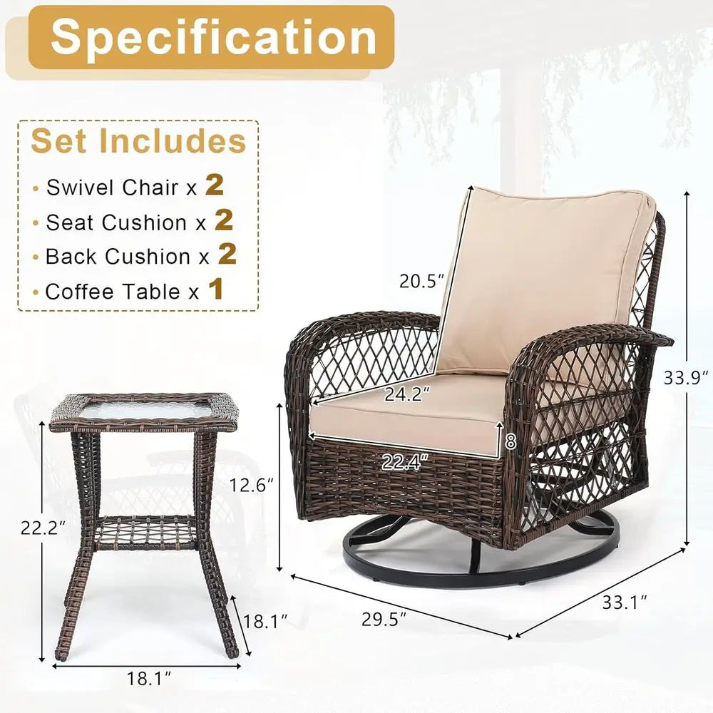 Outdoor 3Piece Patio Set With Swivel Chairs And Bistro Table