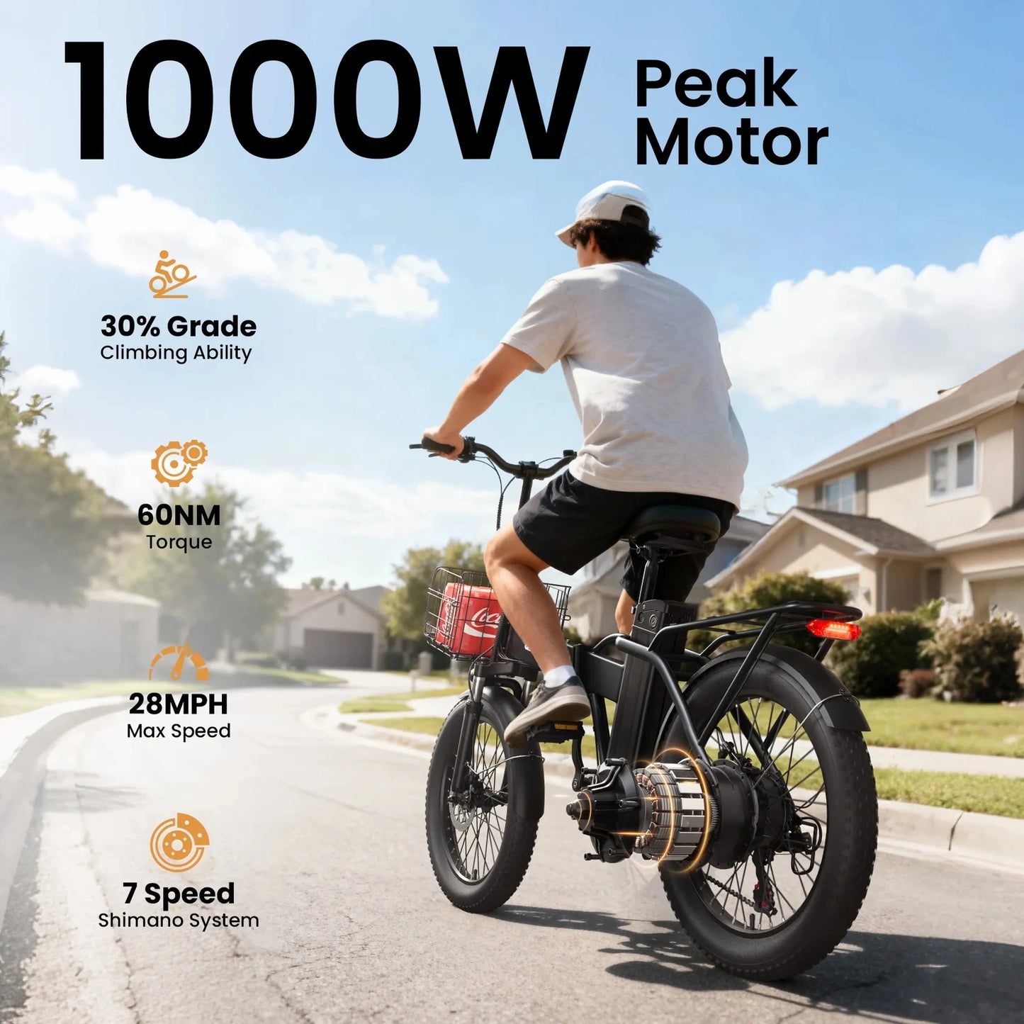 QRONGE Waterfall Folding Electric Bike 1000W Peak 48V