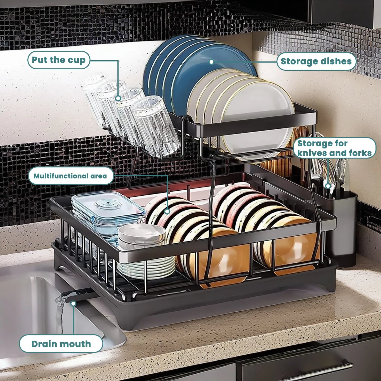 Two Tier Dish Drying Rack For Kitchen Countertop Durable