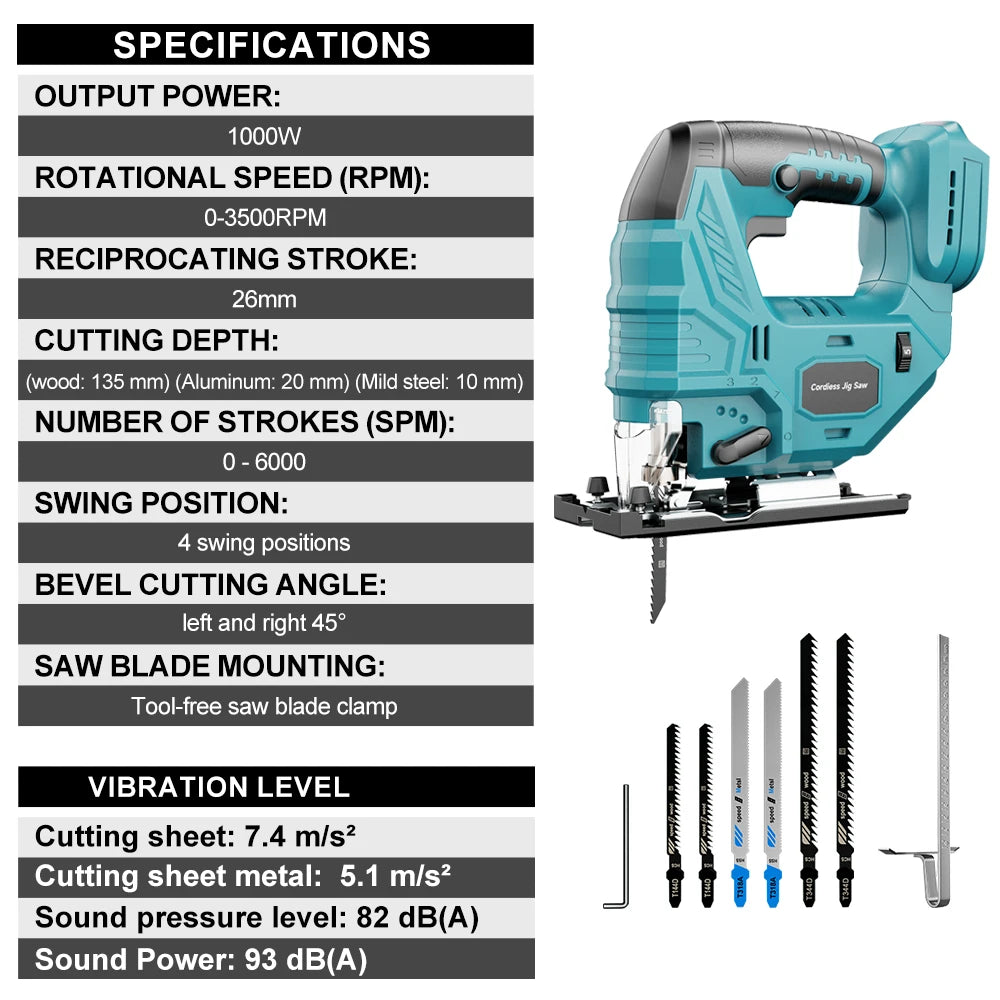 YEARTOP 7-Speed Brushless Cordless Jigsaw For Wood Cutting Makita 18V