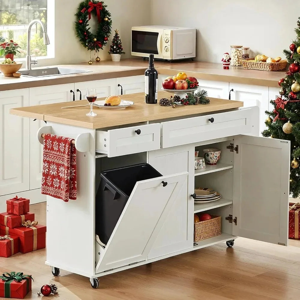 Kitchen Island With Power Outlet, Drop Leaf, Spice Rack, Knife Holder