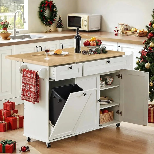 Kitchen Island With Power Outlet, Drop Leaf, Spice Rack, Knife Holder