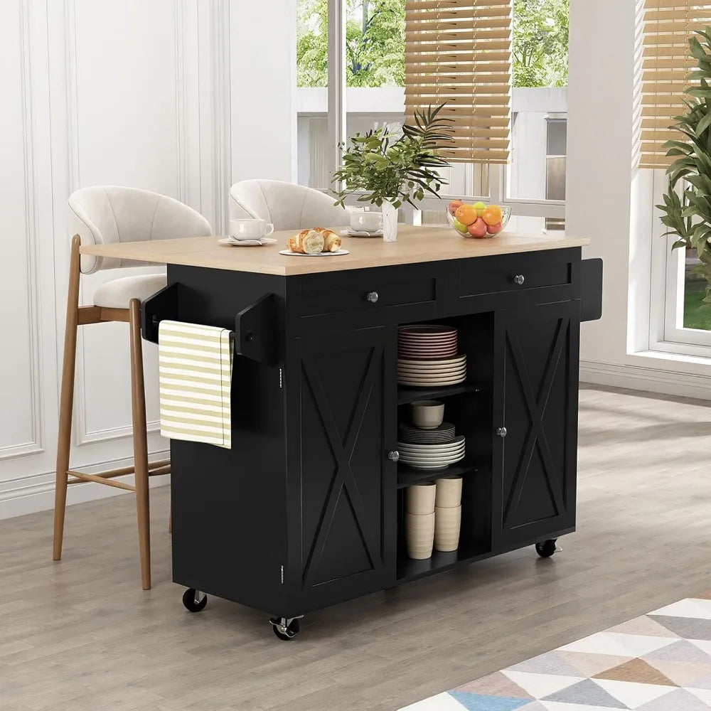 Mobile Kitchen Island On Wheels With Drop Leaf Countertop Barn Door