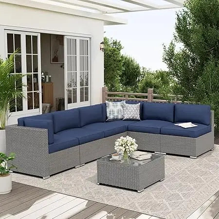 7-Piece Outdoor Patio Furniture Sofa Set With Glass Top Table